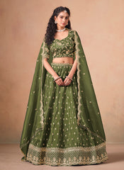 Olive Green Reshamkari Embroidery Wedding Lehenga Choli