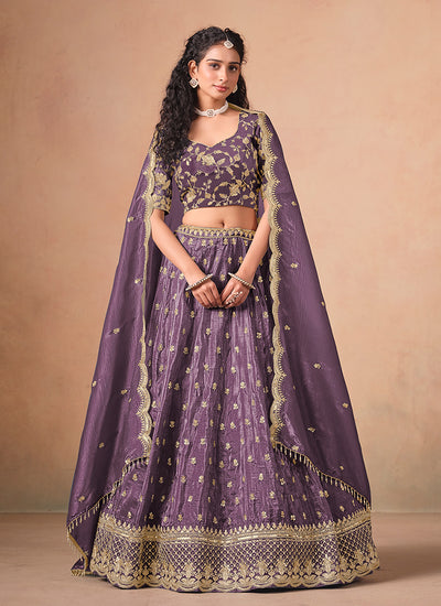 Purple Reshamkari Embroidery Wedding Lehenga Choli