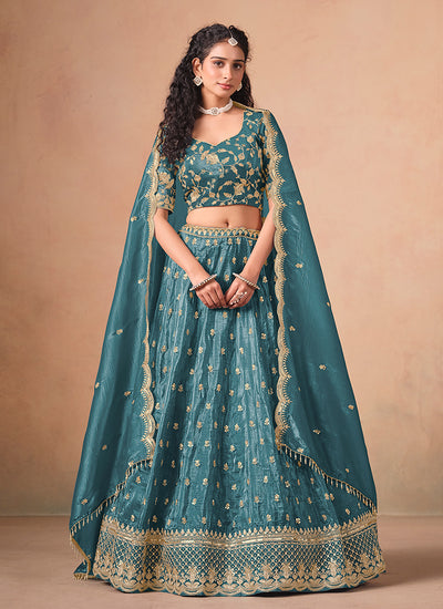 Firozi Blue Reshamkari Embroidery Wedding Lehenga Choli