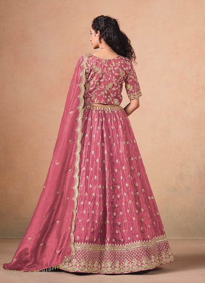 Coral Pink Reshamkari Embroidery Wedding Lehenga Choli
