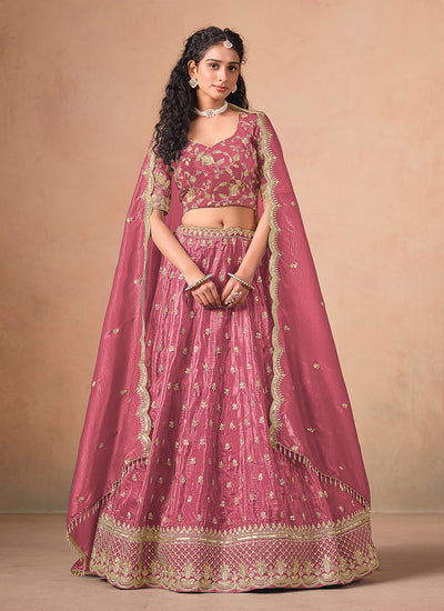 Coral Pink Reshamkari Embroidery Wedding Lehenga Choli