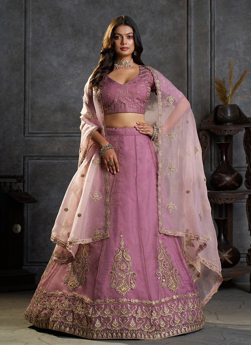 Lavender Embroidered Organza Silk Lehenga Choli Set