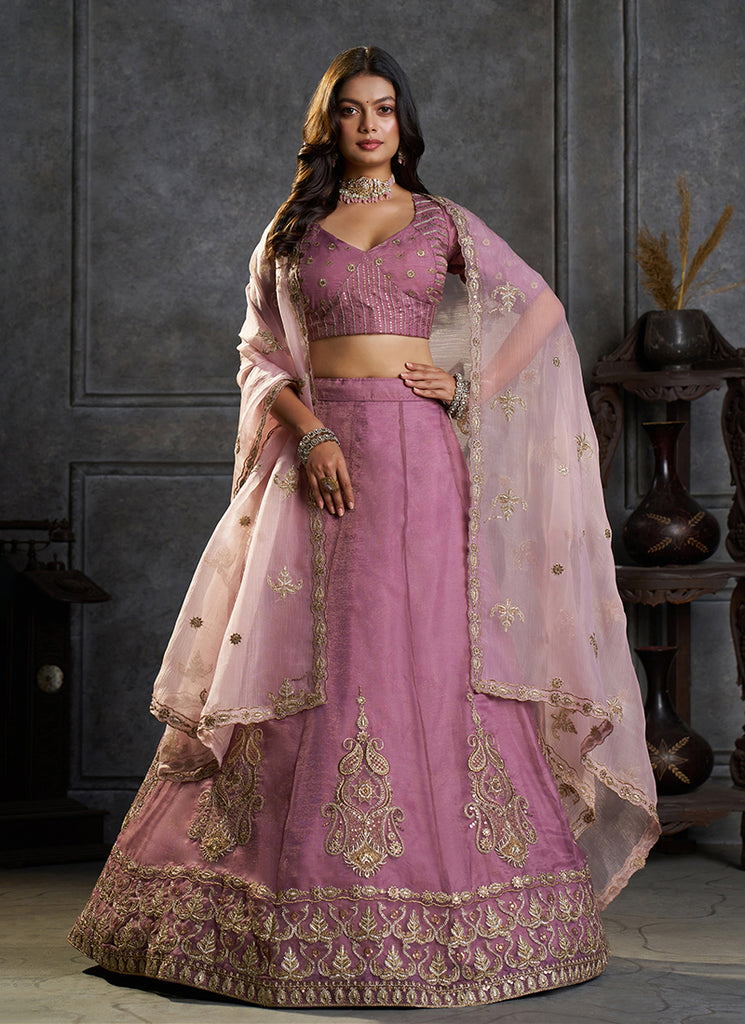 Lavender Embroidered Organza Silk Lehenga Choli Set