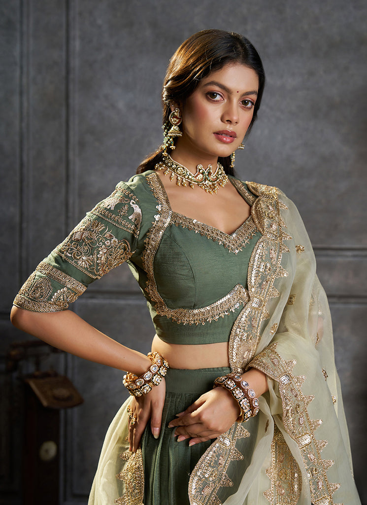 Shop Green Organza Silk Lehenga Choli For Werdding
