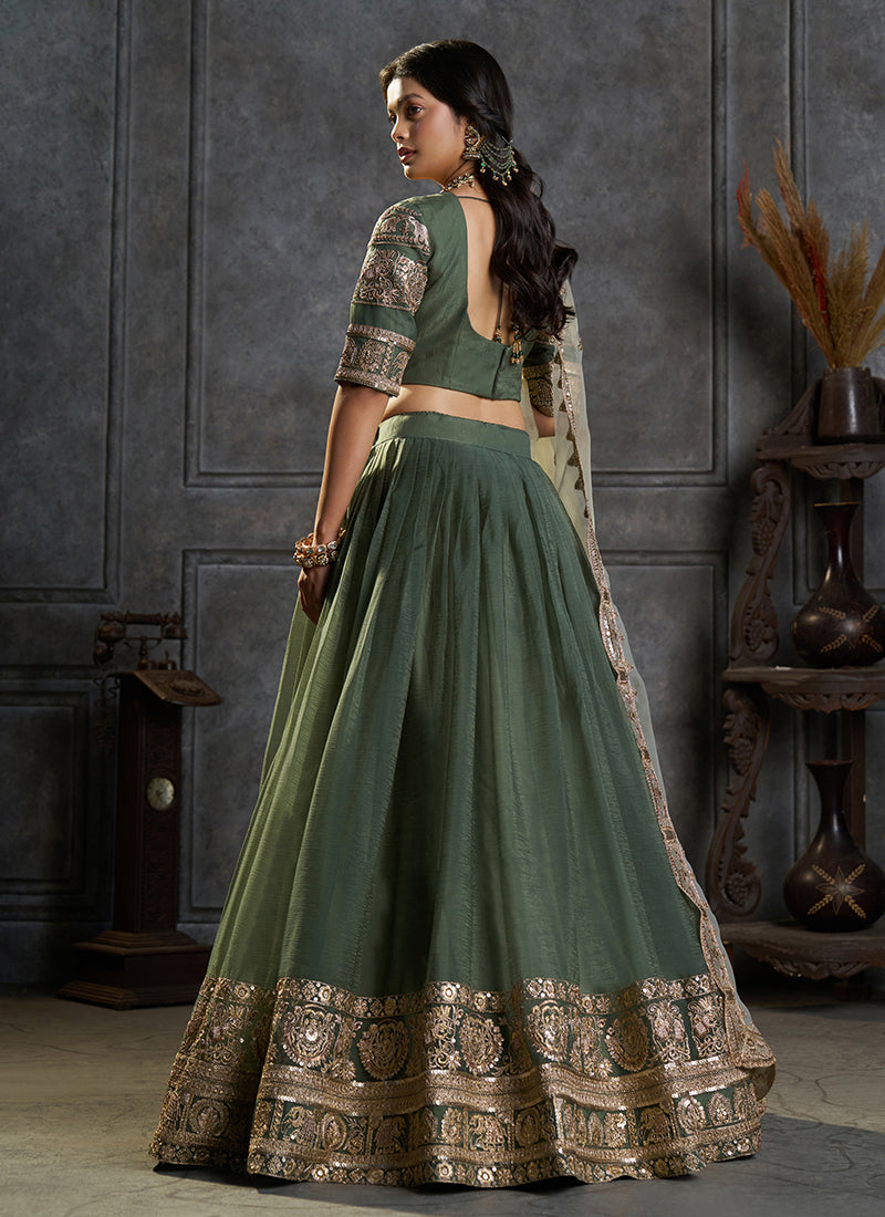 Buy Green Embroidered Lengha Choli In  UAE