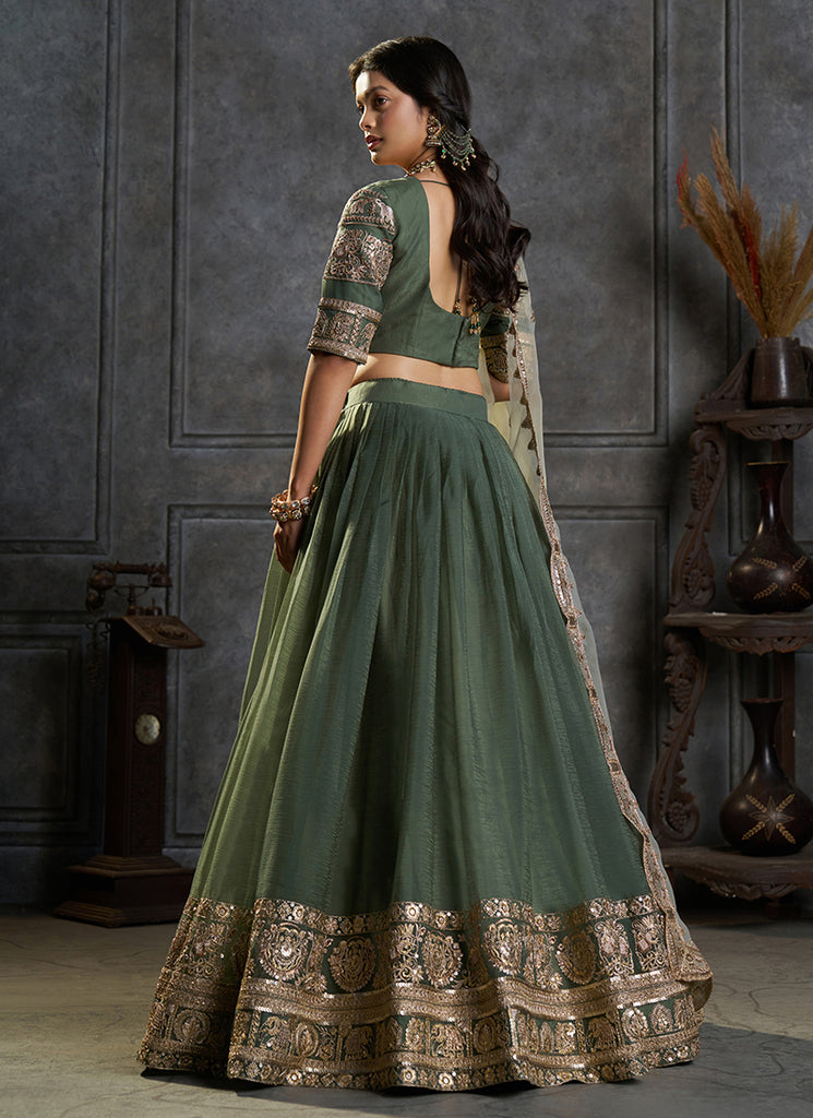 Buy Green Embroidered Lengha Choli In  UAE