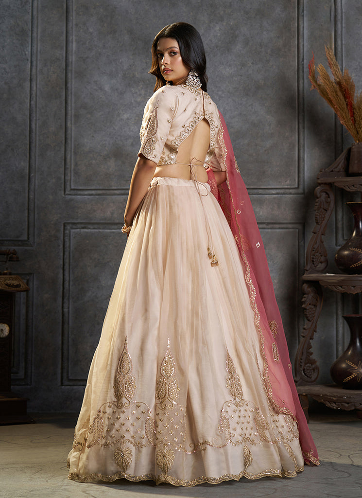 Buy Ivory Embroidered Organza Silk Lehenga Choli in France

