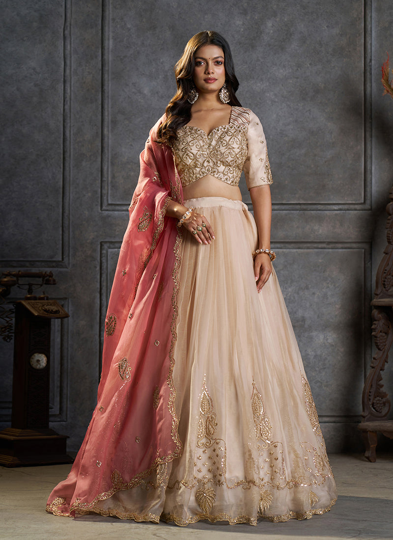 Ivory Embroidered Organza Silk Lehenga Choli Set

