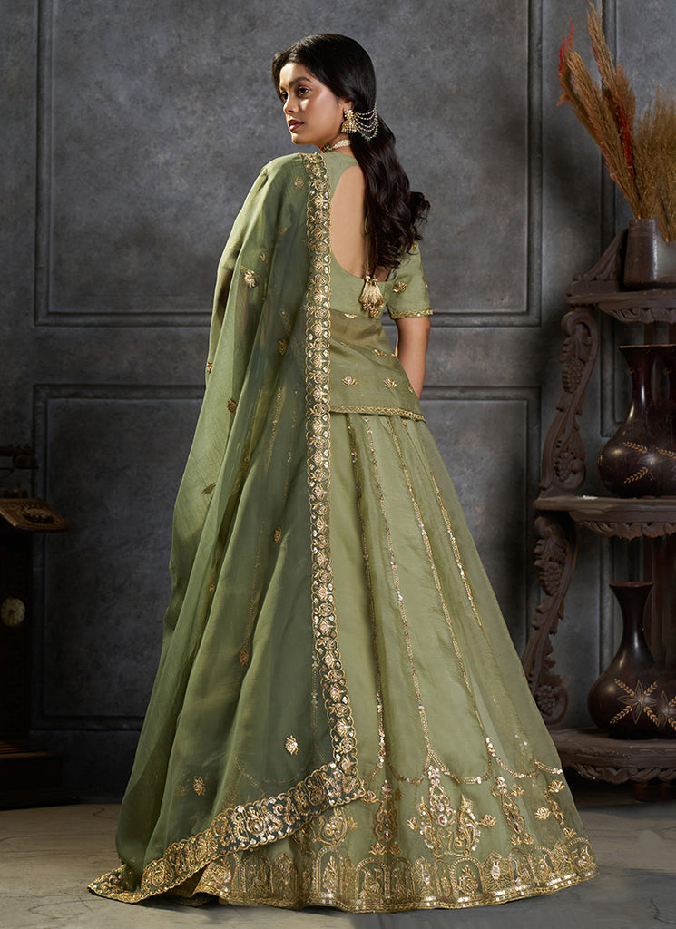 Buy Olive Green Silk Lehenga Kurti Set In UK

