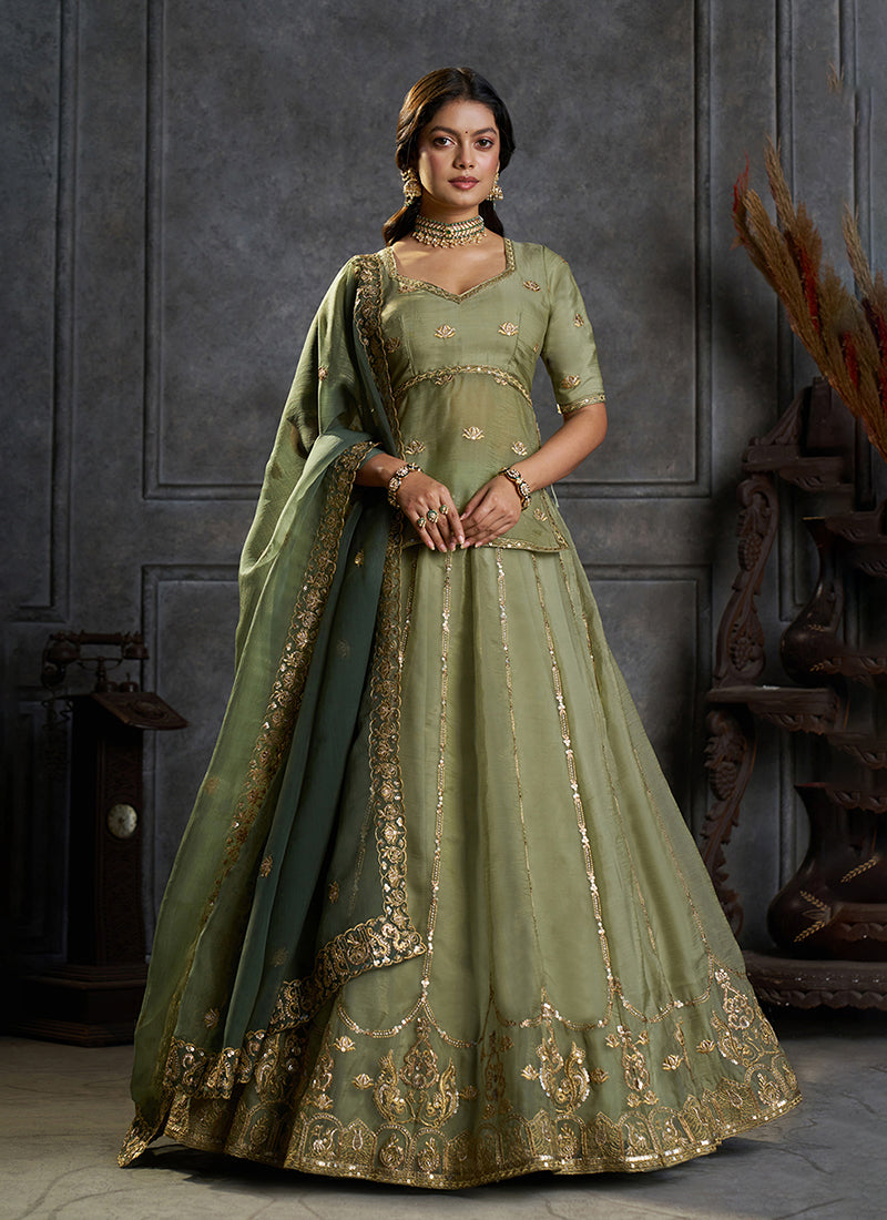 Olive Green Embroidered Organza Silk Lehenga Kurti Set

