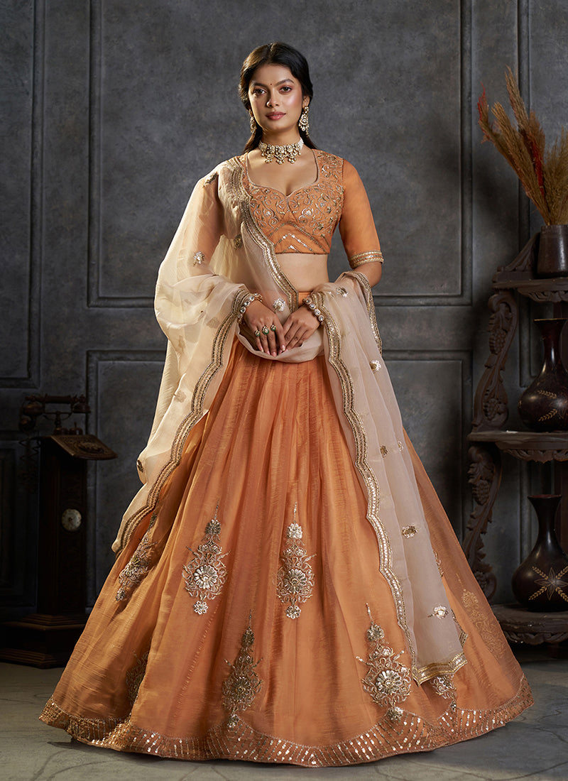 Orange Embroidered Organza Silk Lehenga Choli Set