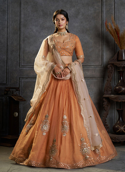 Orange Embroidered Organza Silk Lehenga Choli Set