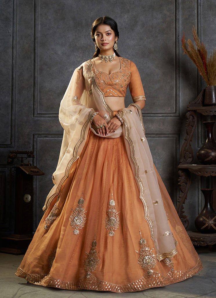 Orange Embroidered Organza Silk Lehenga Choli Set