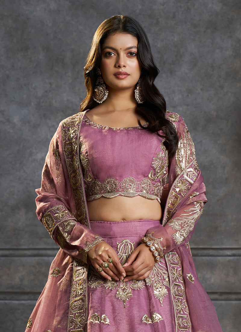 Mauve Embroidered Organza Silk Lehenga Choli Set