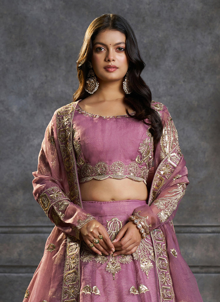 Mauve Embroidered Organza Silk Lehenga Choli Set