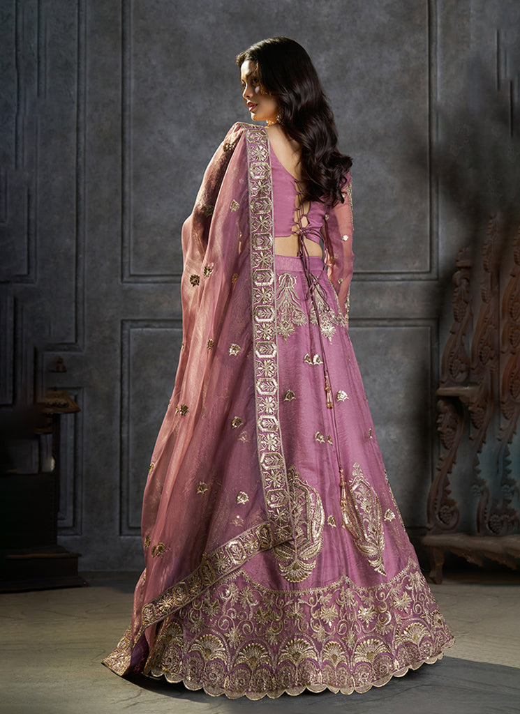 Mauve Embroidered Organza Silk Lehenga Choli Set