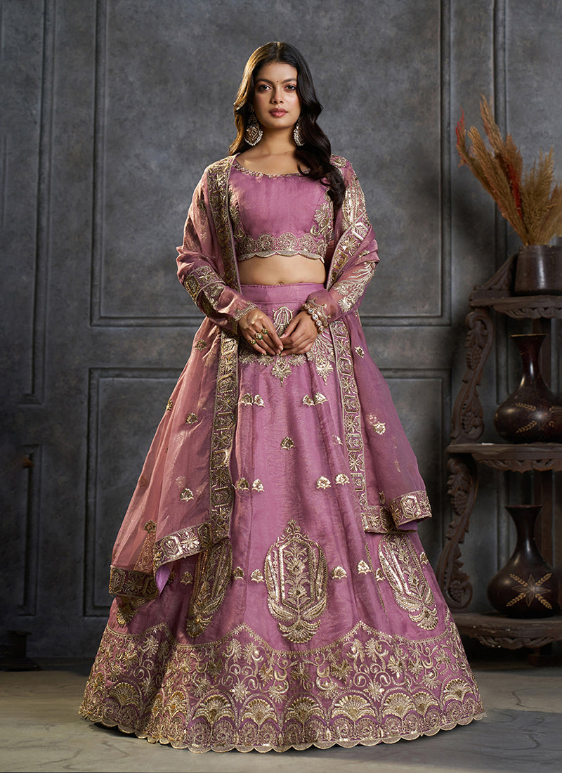 Mauve Embroidered Organza Silk Lehenga Choli Set
