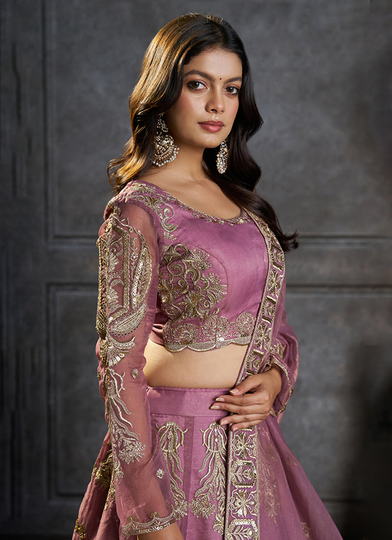 Mauve Embroidered Organza Silk Lehenga Choli Set