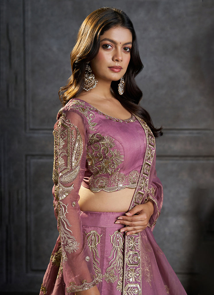 Mauve Embroidered Organza Silk Lehenga Choli Set