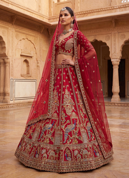 Buy Crimson Red Bridal Lengha Choli In USA 