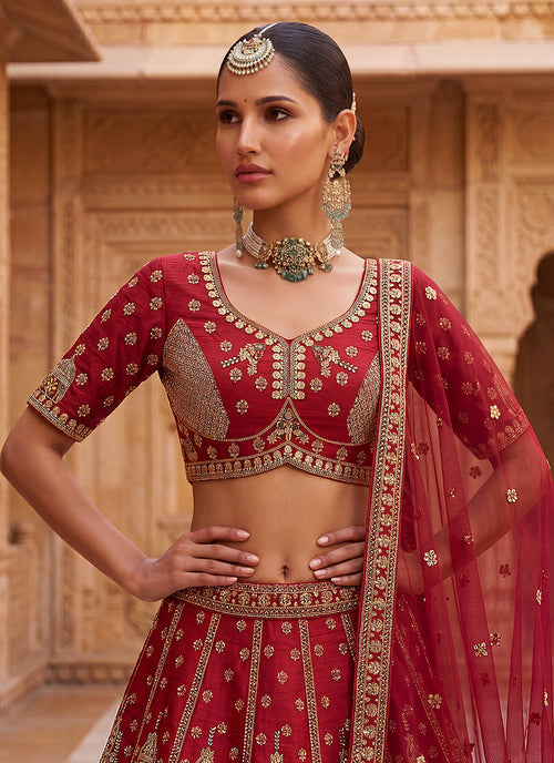 Designer Crimson Red Handwork Wedding Lehenga Choli for Bridal Wear