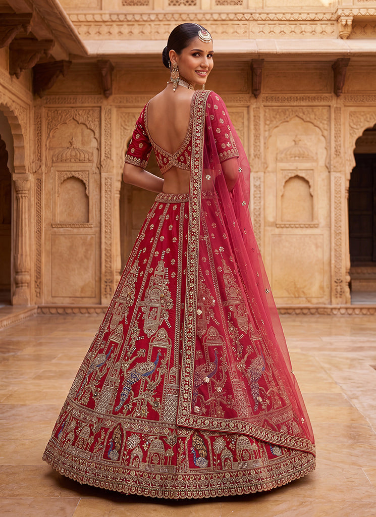 Luxury Crimson Red Bridal Lehenga Choli with Handwork, Sequins and Embroidered Dupatta