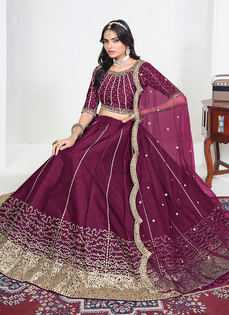 Buy Wine Golden Partywear Lengha Choli