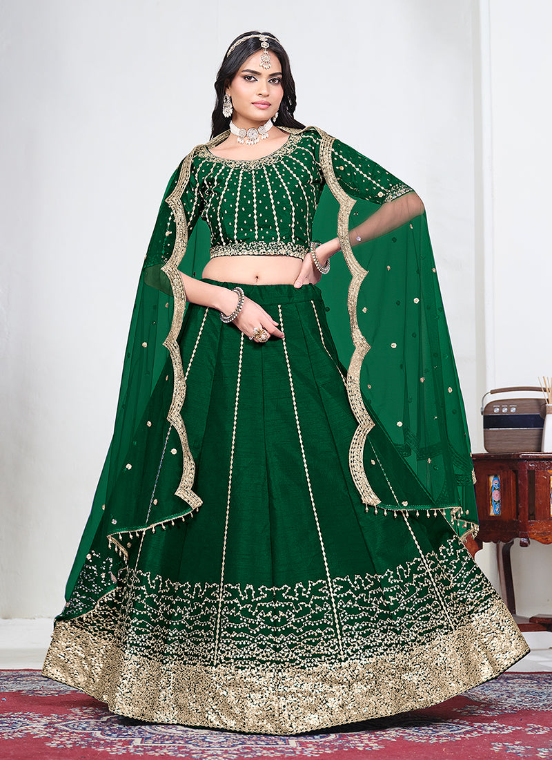Bottle Green Golden Embroidery Bridal Lehenga Choli