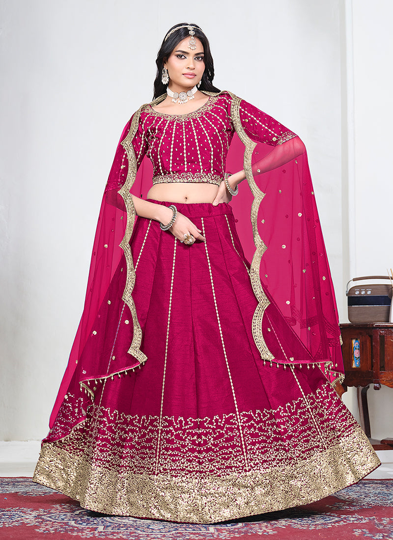 Hot Pink Golden Embroidery Bridal Lehenga Choli