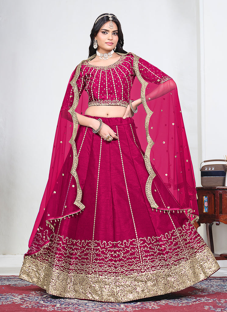 Hot Pink Golden Embroidery Bridal Lehenga Choli