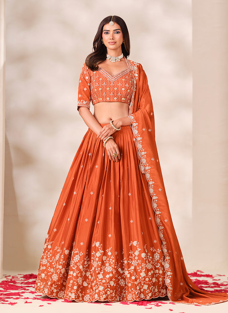Orange Zari Embroidered Wedding Lehenga Choli