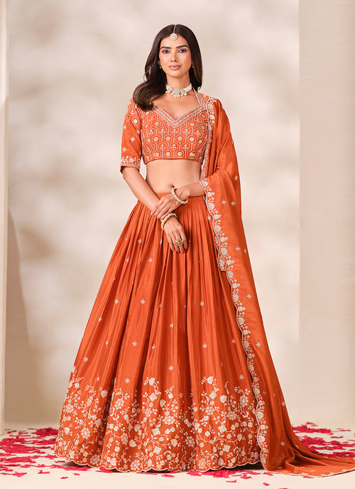 Orange Zari Embroidered Wedding Lehenga Choli