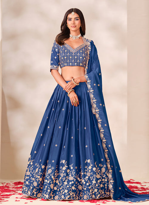 Dark Blue Zari Embroidered Wedding Lehenga Choli