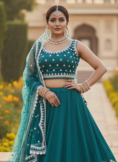 Teal Blue Thread Embroidery Bollywood Lehenga Choli