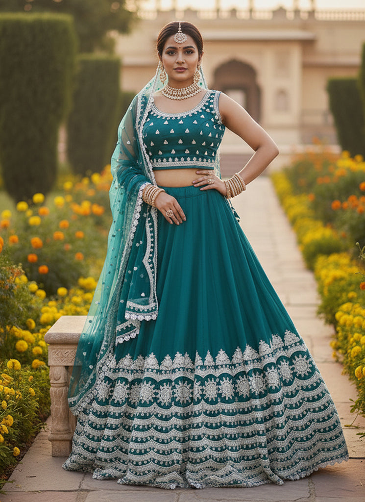 Teal Blue Thread Embroidery Bollywood Lehenga Choli
