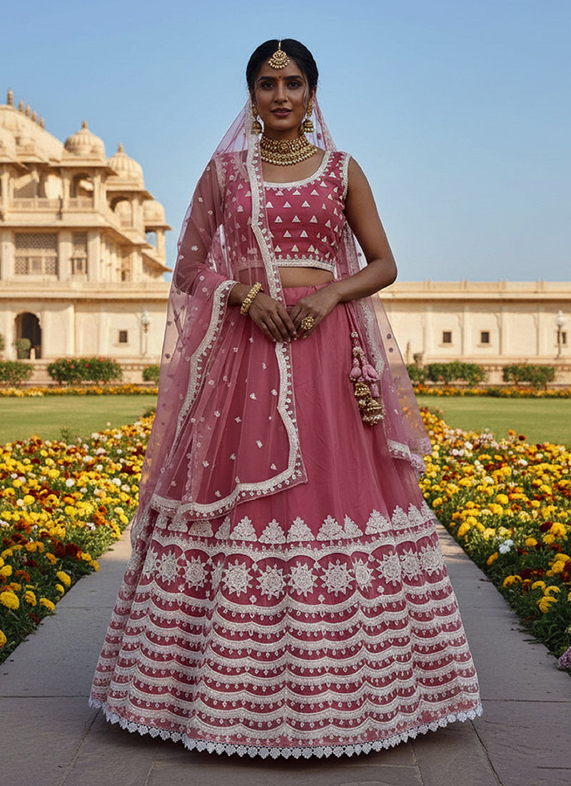 Rose Pink Thread Embroidery Bollywood Lehenga Choli
