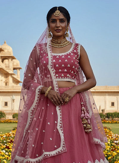 Rose Pink Thread Embroidery Bollywood Lehenga Choli