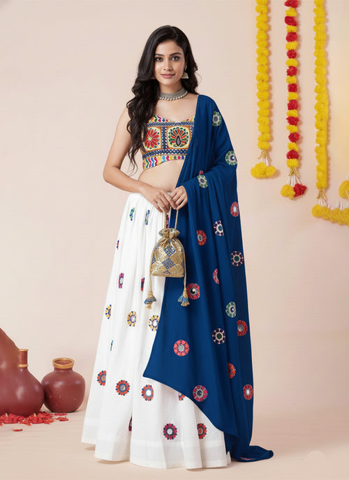 White And Blue Kutchi Embroidered Lehenga Choli