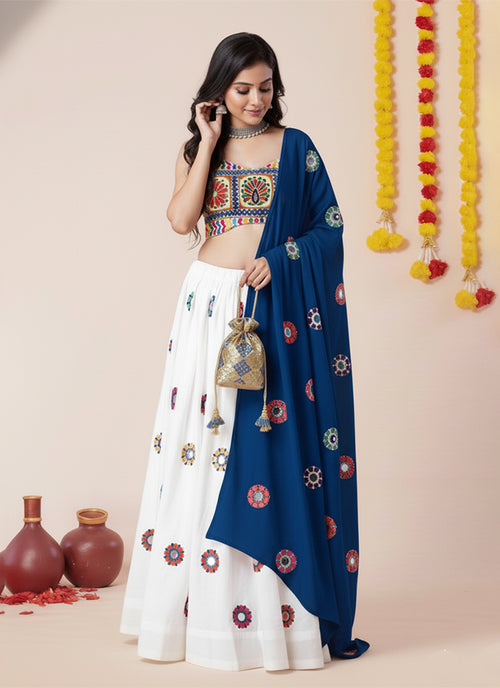 White And Blue Kutchi Embroidered Lehenga Choli