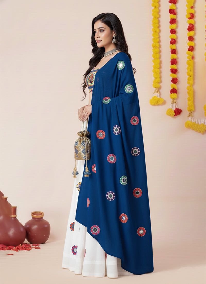 White And Blue Kutchi Embroidered Lehenga Choli