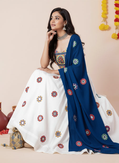 White And Blue Kutchi Embroidered Lehenga Choli