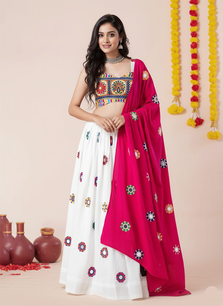 White And Pink Kutchi Embroidered Lehenga Choli