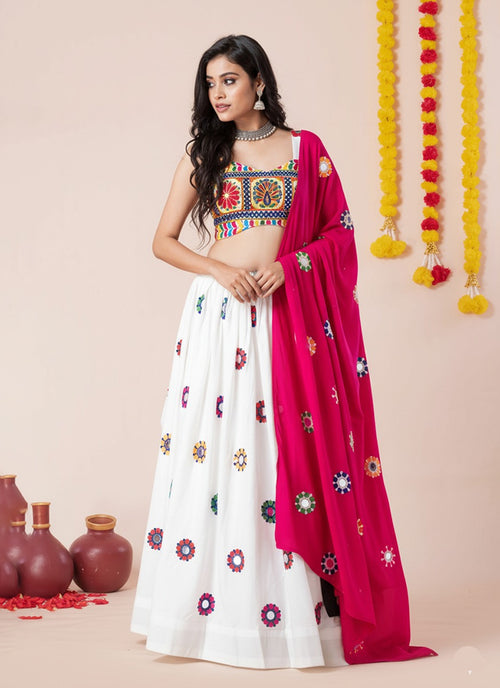 White And Pink Kutchi Embroidered Lehenga Choli