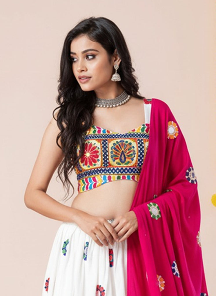 White And Pink Kutchi Embroidered Lehenga Choli