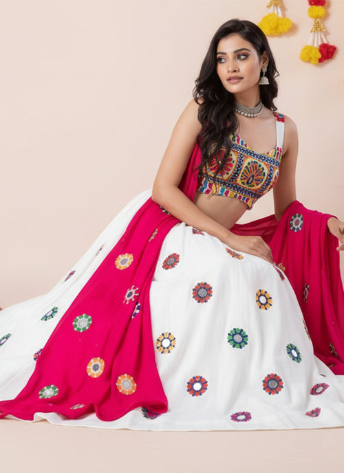 White And Pink Kutchi Embroidered Lehenga Choli