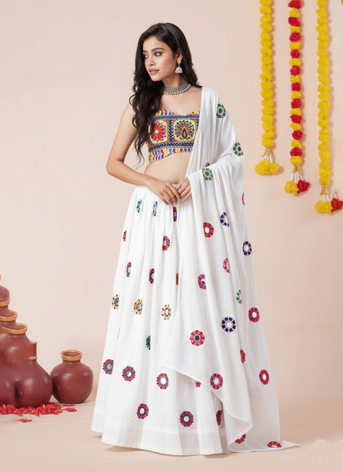 White Kutchi Embroidered Lehenga Choli
