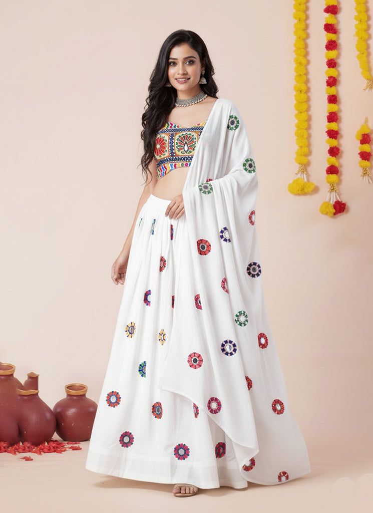 White Kutchi Embroidered Lehenga Choli