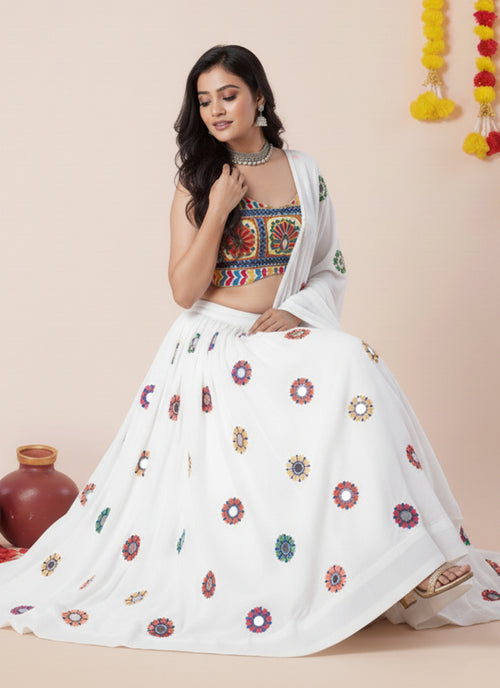 White Kutchi Embroidered Lehenga Choli