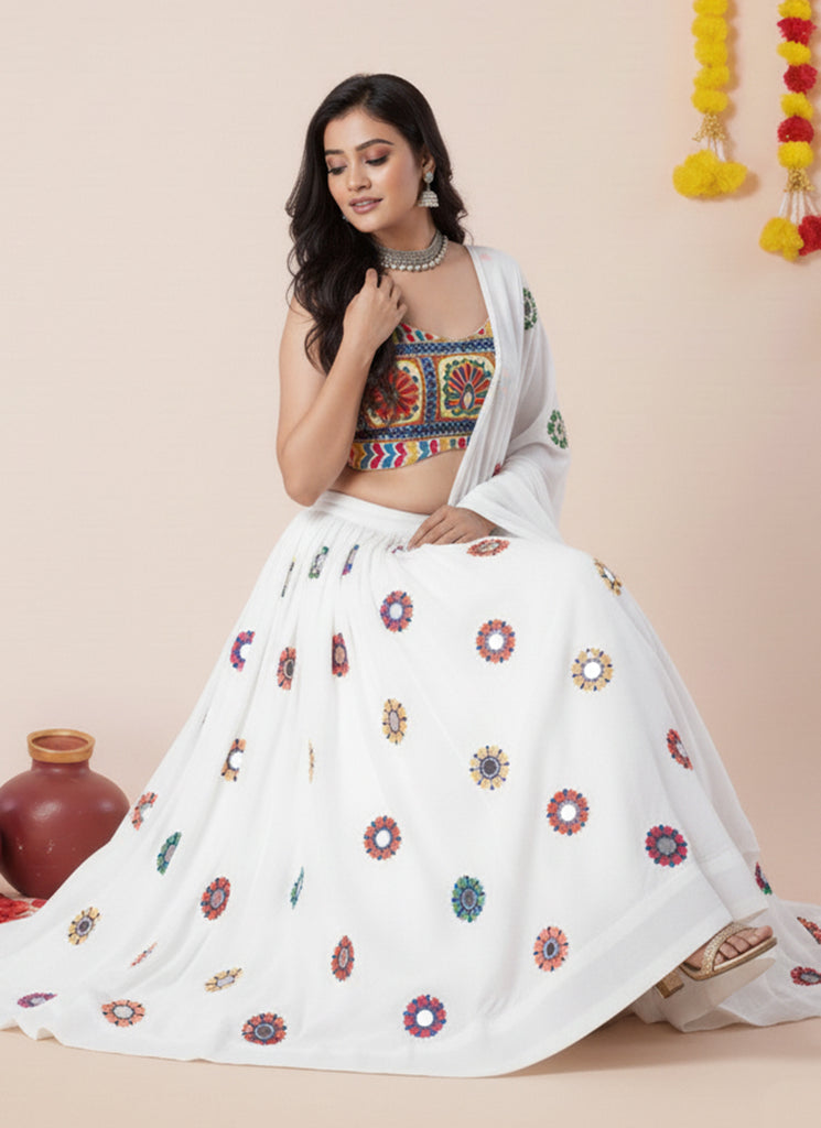 White Kutchi Embroidered Lehenga Choli