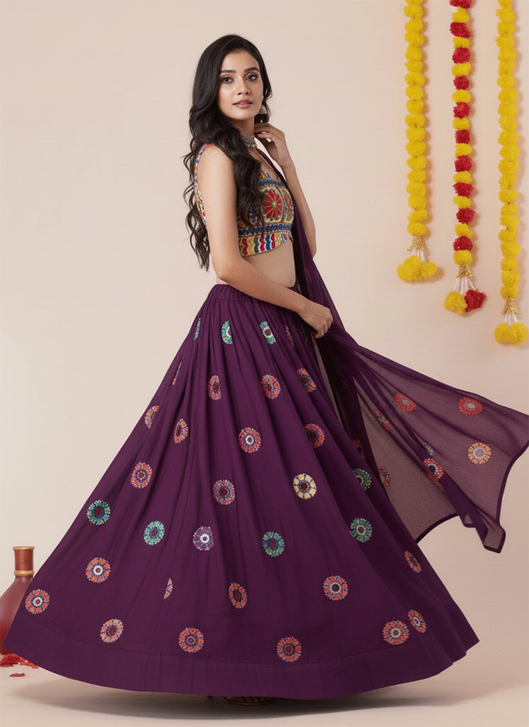 Purple Kutchi Embroidered Lehenga Choli